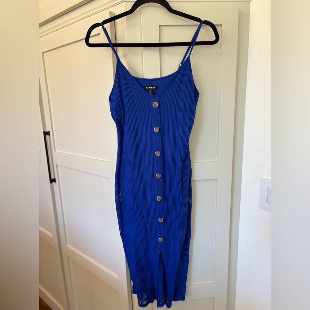 Express Royal Blue Ribbed Button-Front Midi BodyCon Slip Spring Dress Size PM